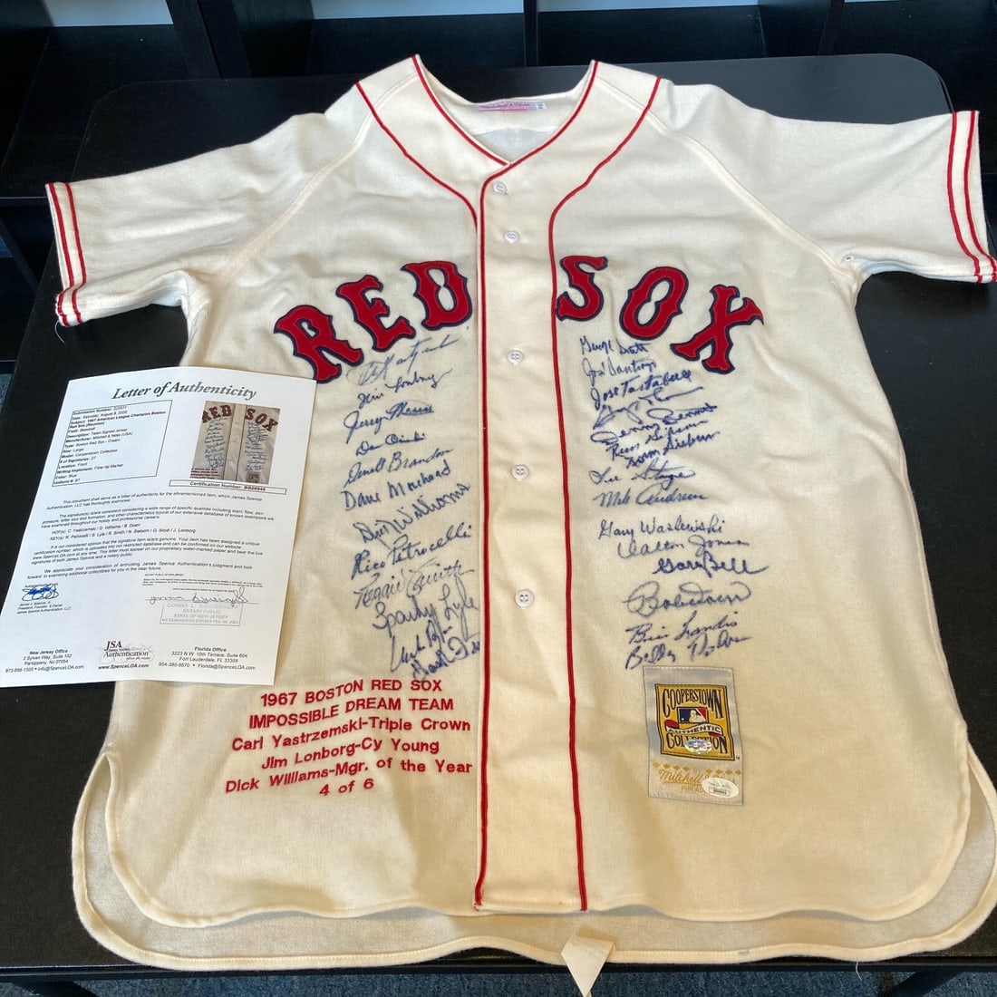 1967 Boston Red Sox AL Champs Jersey Signed by Carl Yastrzemski JSA Authenticated: 1967 Boston Red Sox AL Champs Jersey Signed by Carl Yastrzemski JSA Authenticated Celebrate the legacy of the 1967 Boston Red Sox with this stunning team-signed jersey. This authentic Mitchell & Ness