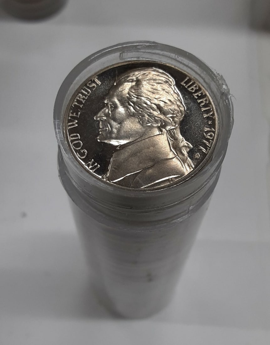 Roll of 40 1969-S Proof Jefferson Nickels in Tube: Roll of 40 1969-S Proof Jefferson Nickels in Tube This roll contains 40 uncirculated 1969-S Proof Jefferson Nickels, each struck at the San Francisco Mint. The coins are composed of copper-nickel and