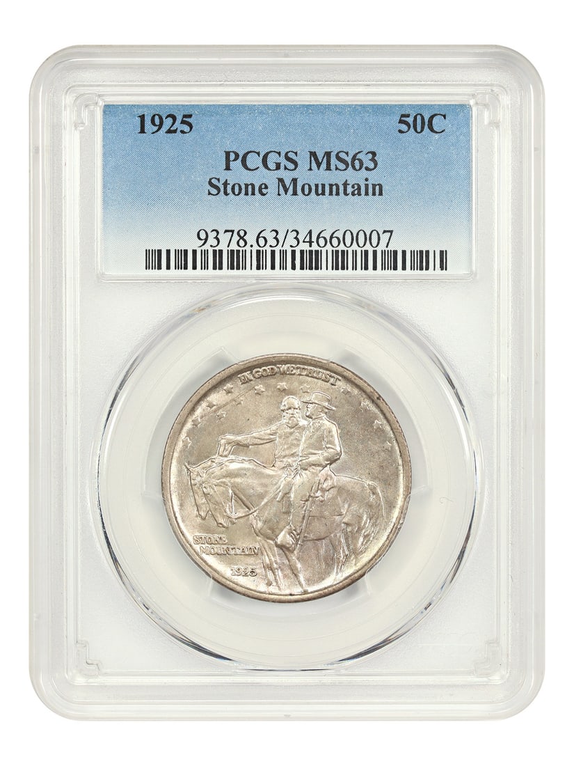 1925 Stone Mountain Half Dollar Silver Commemorative PCGS MS63 Certified: 1925 Stone Mountain Half Dollar Silver Commemorative PCGS MS63 Certified This 1925 50C Stone Mountain commemorative coin is a classic silver issue graded MS63 by PCGS. Issued to fund the carving of Co