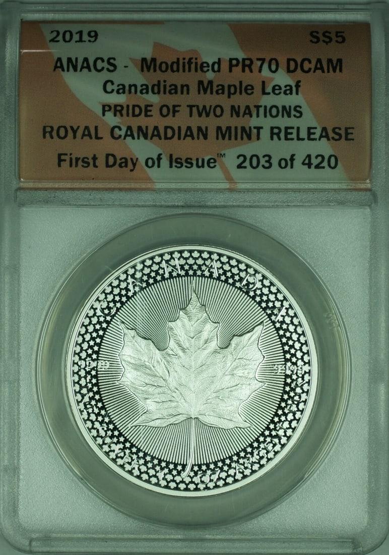 2019 Silver $5 Maple Leaf Modified Proof ANACS PR-70 DCAM First Day Issue (1 of 2)