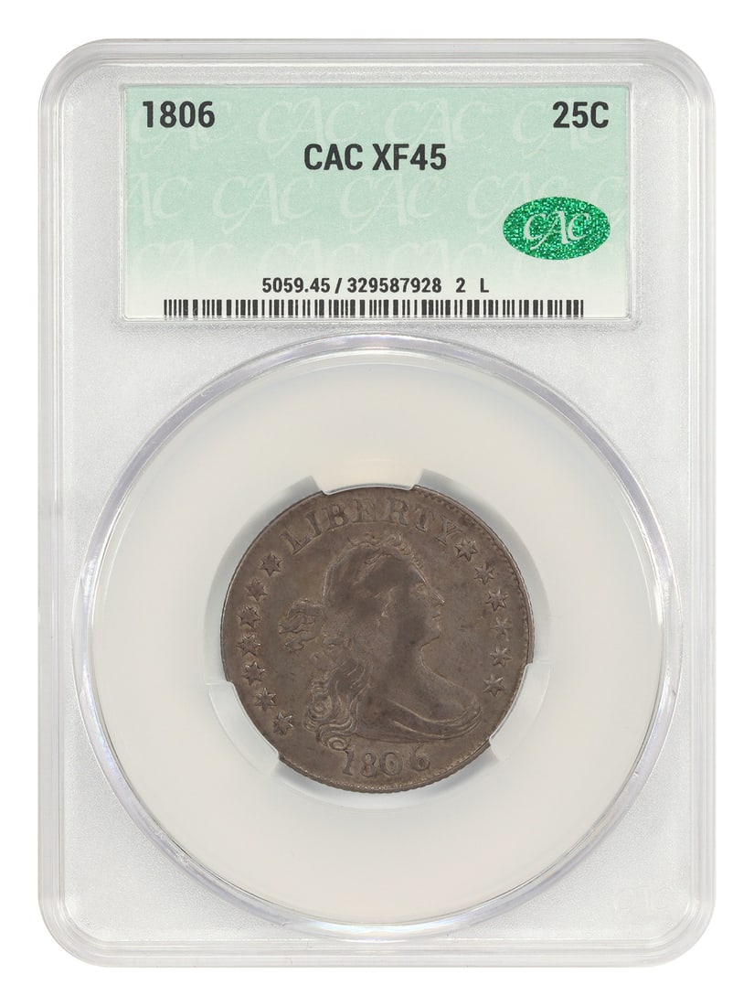 1806 Draped Bust Quarter CACG XF45 Certified Early US Silver Coin: 1806 Draped Bust Quarter CACG XF45 Certified Early US Silver Coin This 1806 Draped Bust Quarter is a circulated early American coin graded XF45 by CACG. It features softly lustrous, boldly struck surf