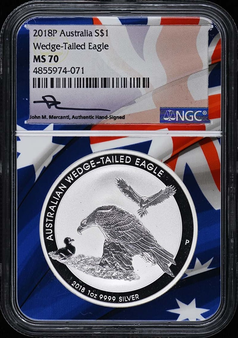 Australia 2018P Silver Dollar Wedge-Tailed Eagle NGC MS70 Certified: Australia 2018P Silver Dollar Wedge-Tailed Eagle NGC MS70 Certified This is a 2018 Australian Wedge-Tailed Eagle silver one dollar coin graded MS70 by NGC. It is in un-used condition and certified wit
