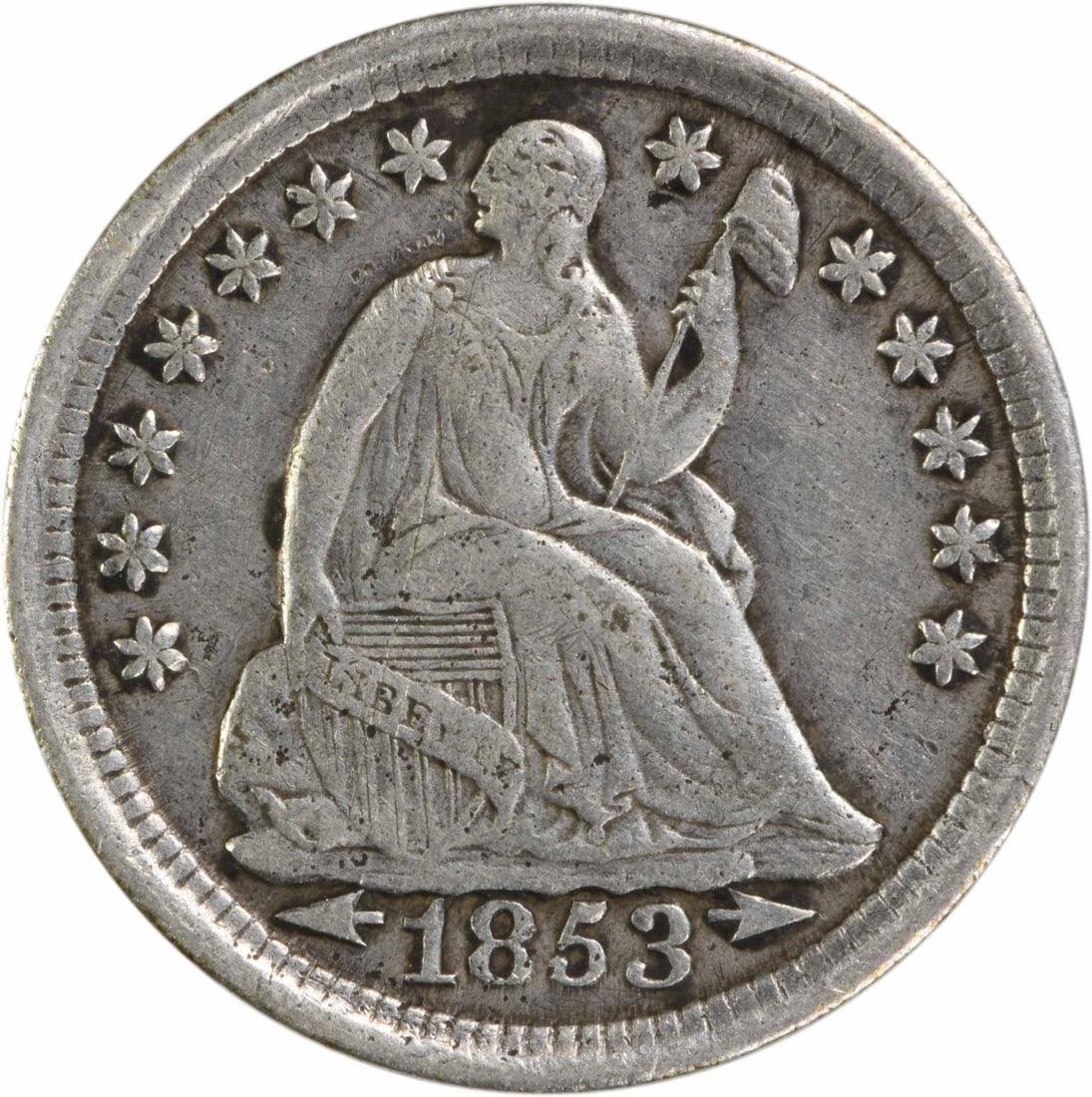 1853 Liberty Seated Silver Half Dime EF Uncertified 90% Silver: 1853 Liberty Seated Silver Half Dime EF Uncertified 90% Silver This 1853 Liberty Seated Silver Half Dime showcases exquisite craftsmanship from the United States. Designed by Christian Gobrecht, this