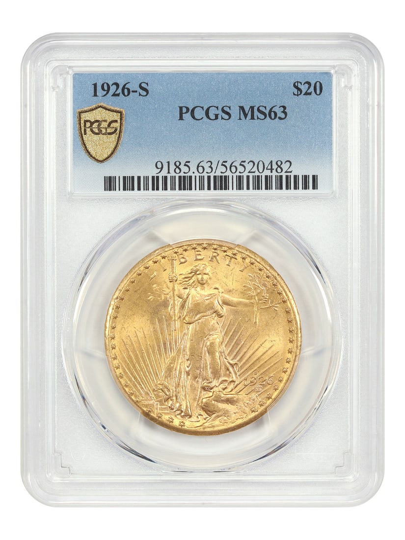PCGS MS63 1926-S Saint Gaudens Double Eagle Gold Coin: PCGS MS63 1926-S Saint Gaudens Double Eagle Gold Coin This 1926-S St. Gaudens $20 Double Eagle gold coin is certified by PCGS with a grade of MS63. Struck at the San Francisco Mint, this uncirculated