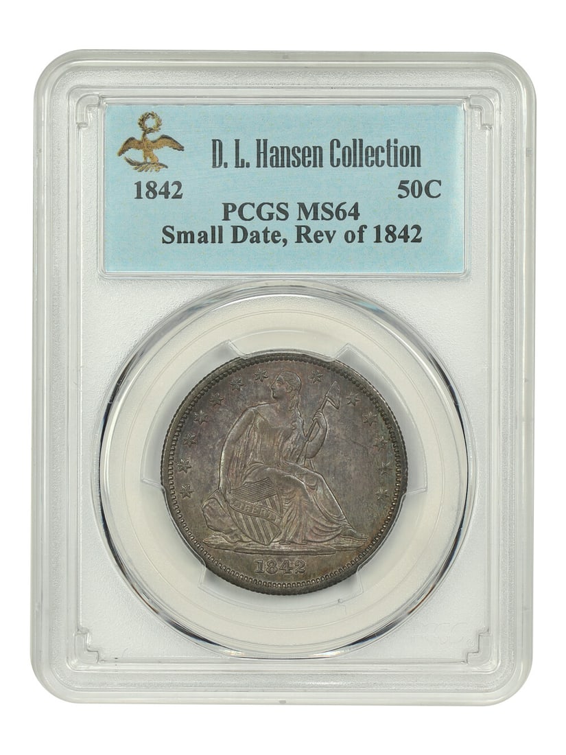 1842 50C Liberty Seated Half Dollar PCGS MS64 Small Date Ex D.L. Hansen: 1842 50C Liberty Seated Half Dollar PCGS MS64 Small Date Ex D.L. Hansen This 1842 50C PCGS MS64 coin is a remarkable example of the Liberty Seated Half Dollar. Known for its Small Date variety, this c