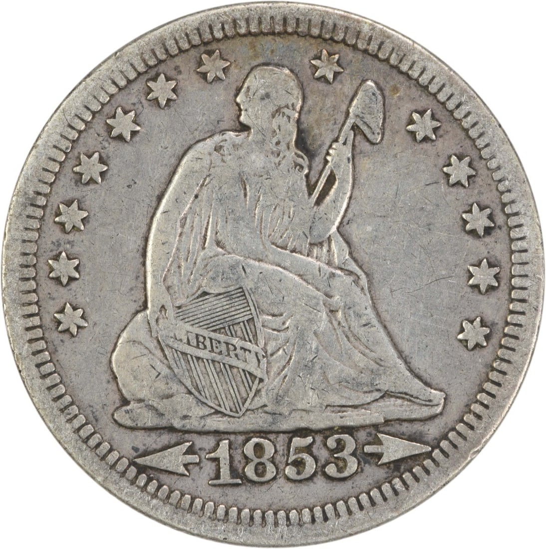 1853 Liberty Seated Silver Quarter 25C Arrows Rays Uncertified: 1853 Liberty Seated Silver Quarter 25C Arrows Rays Uncertified This 1853 Liberty Seated Silver Quarter features the Arrows and Rays design and is graded as Very Fine (VF). Originating from the Philade