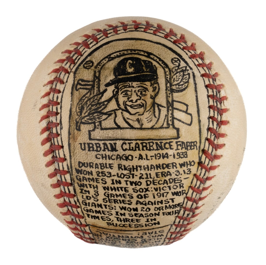 Urban Red Faber Folk Art Baseball by George Sosnak Signed Original: Urban Red Faber Folk Art Baseball by George Sosnak Signed Original This unique hand-painted baseball is an elaborate folk-art tribute to Hall of Fame pitcher Urban "Red" Faber, created by former minor