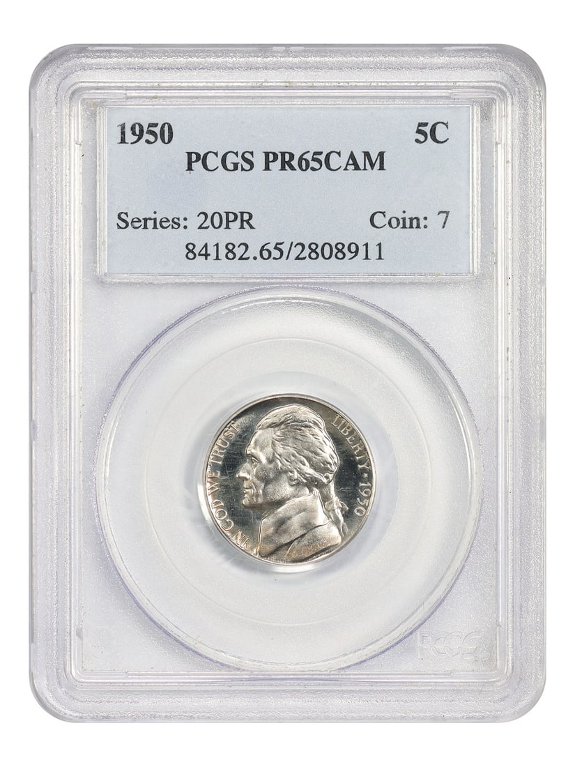 1950 Jefferson Nickel 5C Proof PR65CAM PCGS Certified: 1950 Jefferson Nickel 5C Proof PR65CAM PCGS Certified This is a 1950 Jefferson Nickel with a denomination of 5 cents, graded PR65CAM by PCGS. The coin was struck in Philadelphia and is uncirculated. I