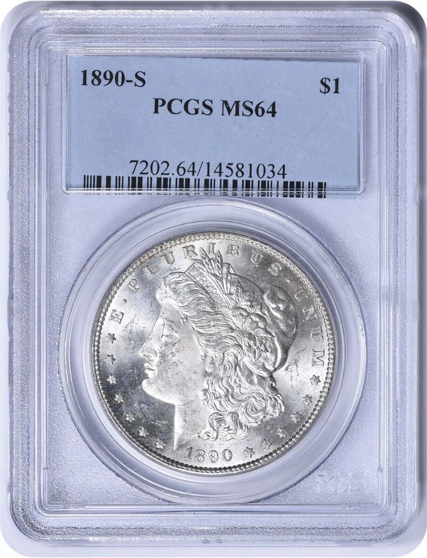 1890-S Morgan Silver Dollar MS64 PCGS Uncirculated Coin: 1890-S Morgan Silver Dollar MS64 PCGS Uncirculated Coin This 1890-S Morgan Silver Dollar is a remarkable piece with a high grade of MS64, certified by PCGS. Known for its intricate design by George T.
