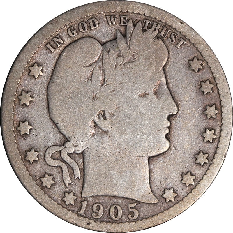 1905-O Barber Quarter Silver Coin from New Orleans: 1905-O Barber Quarter Silver Coin from New Orleans This 1905-O Barber Quarter features a classic design and is a notable piece for collectors. Minted in New Orleans, this quarter is made of silver and