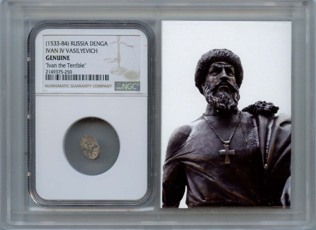 Ivan IV Vasilyevich Denga Russian Coin NGC Certified: Ivan IV Vasilyevich Denga Russian Coin NGC Certified This is a pre-owned Russian Denga coin from the era of Ivan IV Vasilyevich (1533-1584). The coin is certified genuine by NGC and includes a certifi