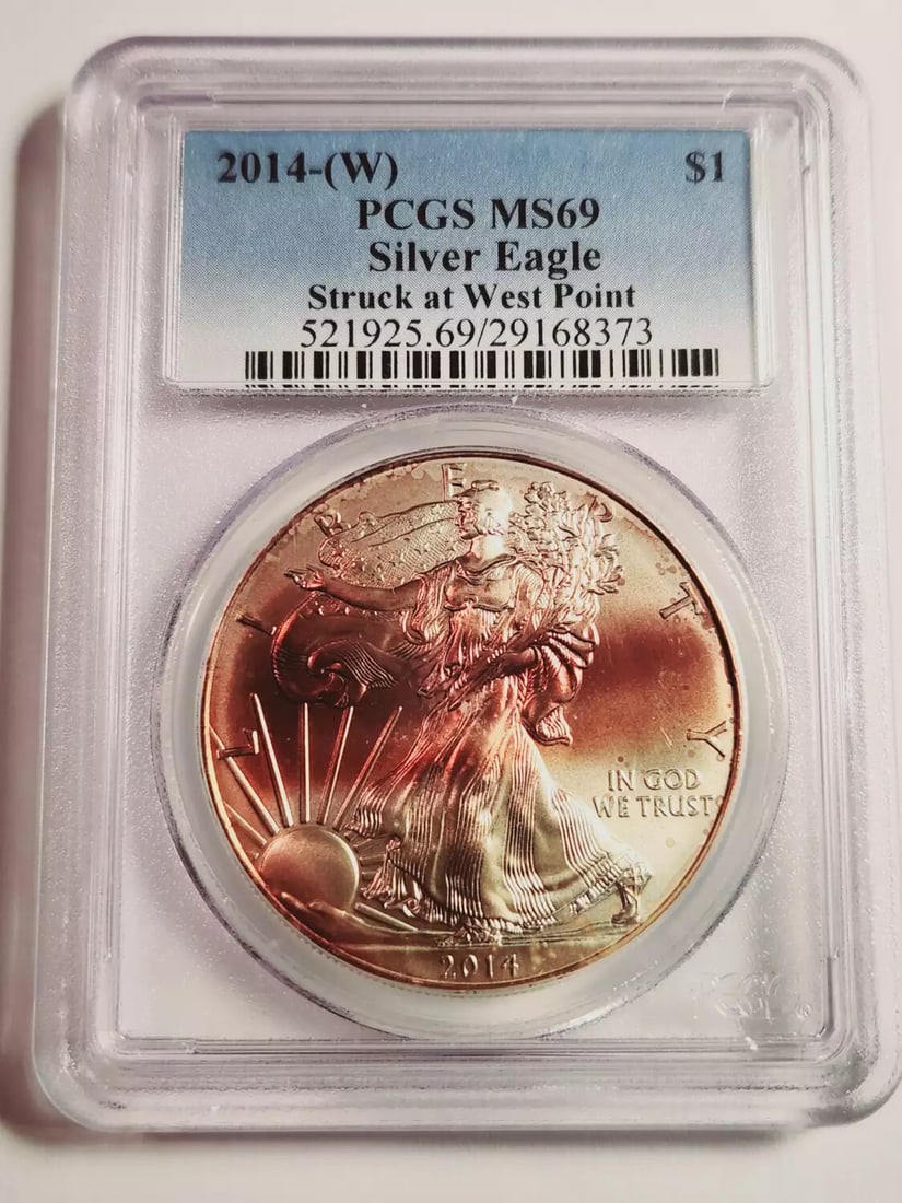 2014 W Silver Eagle PCGS MS69 Uncirculated West Point Mint Coin: 2014 W Silver Eagle PCGS MS69 Uncirculated West Point Mint Coin This 2014 W Silver Eagle coin is a remarkable addition to any collection, certified by PCGS with a grade of MS 69, indicating its excell