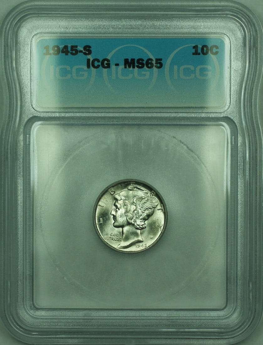 ICG MS-65 1945-S San Francisco Silver Mercury Dime 10C Coin: ICG MS-65 1945-S San Francisco Silver Mercury Dime 10C Coin This is a 1945-S Mercury Silver Dime 10-cent coin from the United States. Graded MS-65 by ICG, this un-used coin features a silver compositi
