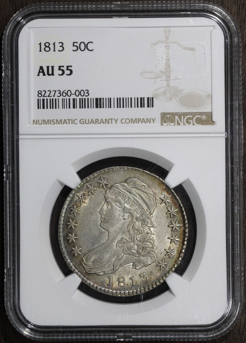NGC AU55 1813 Capped Bust 50C Silver Half Dollar with Attractive Toning (1 of 4)