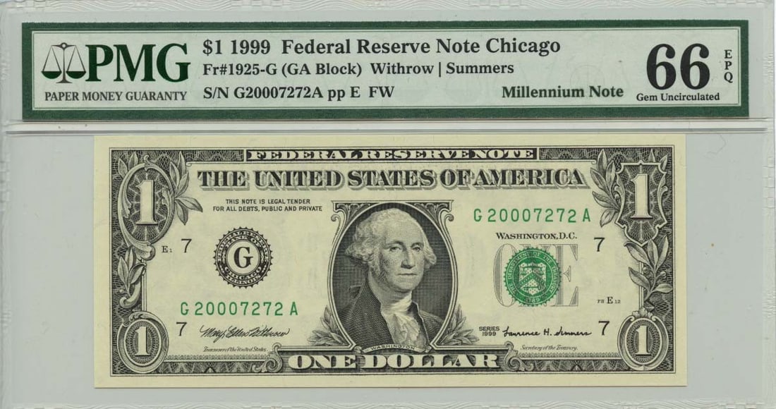 1999 $1 FRN Chicago Fr# 1925-G PMG Gem 66 Uncirculated Millennium Note (1 of 2)