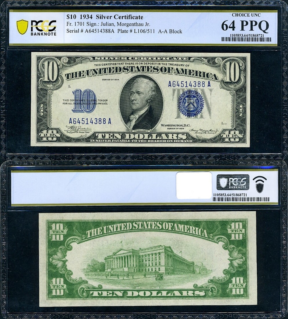1934 $10 Silver Certificate A-A Block PCGS CU64 PPQ (1 of 3)