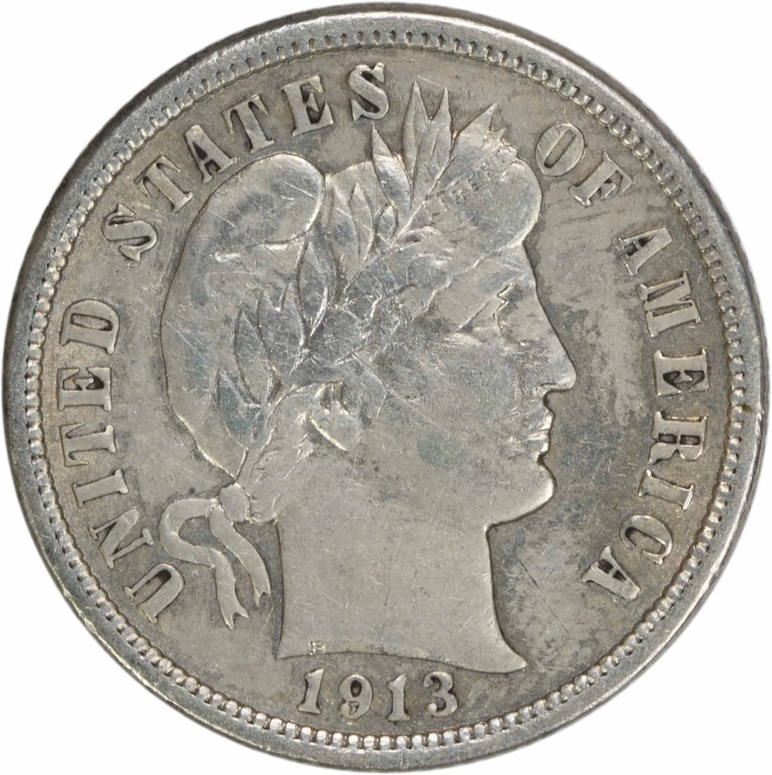 1913 Barber Silver Dime AU Uncertified 10C Coin: 1913 Barber Silver Dime AU Uncertified 10C Coin This 1913 Barber Silver Dime is a remarkable piece of American numismatic history, showcasing the artistry of designer Charles E. Barber. The coin is gr