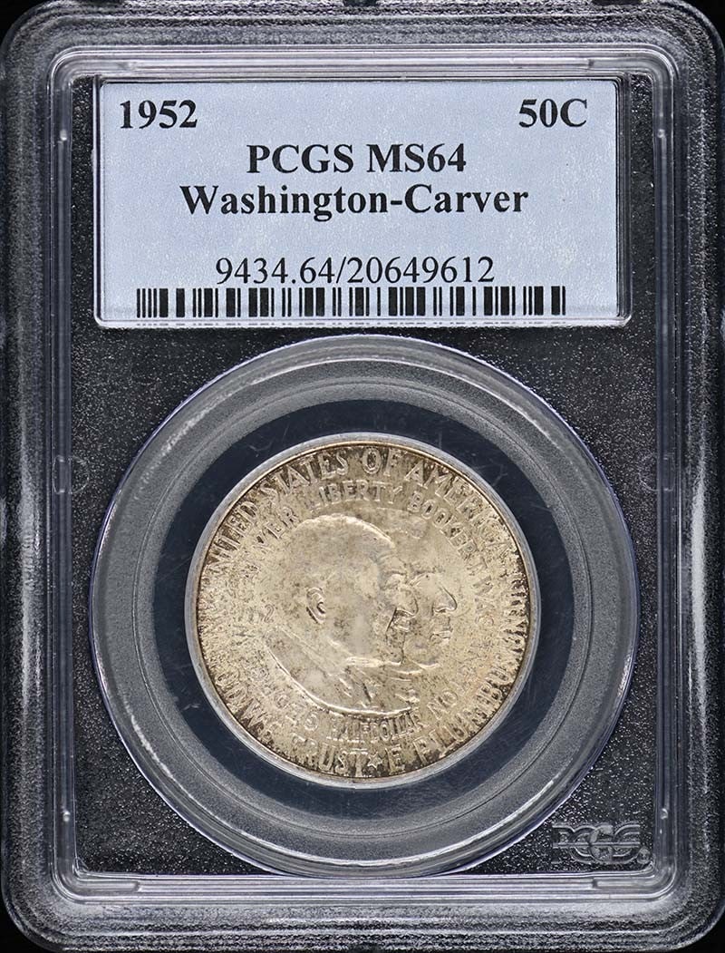 1952 Silver 50c Washington Carver Commemorative Coin PCGS MS64: 1952 Silver 50c Washington Carver Commemorative Coin PCGS MS64 This is a 1952 Washington-Carver 50 cent silver commemorative coin, certified by PCGS with a grade of MS64. The coin is composed of 90% s
