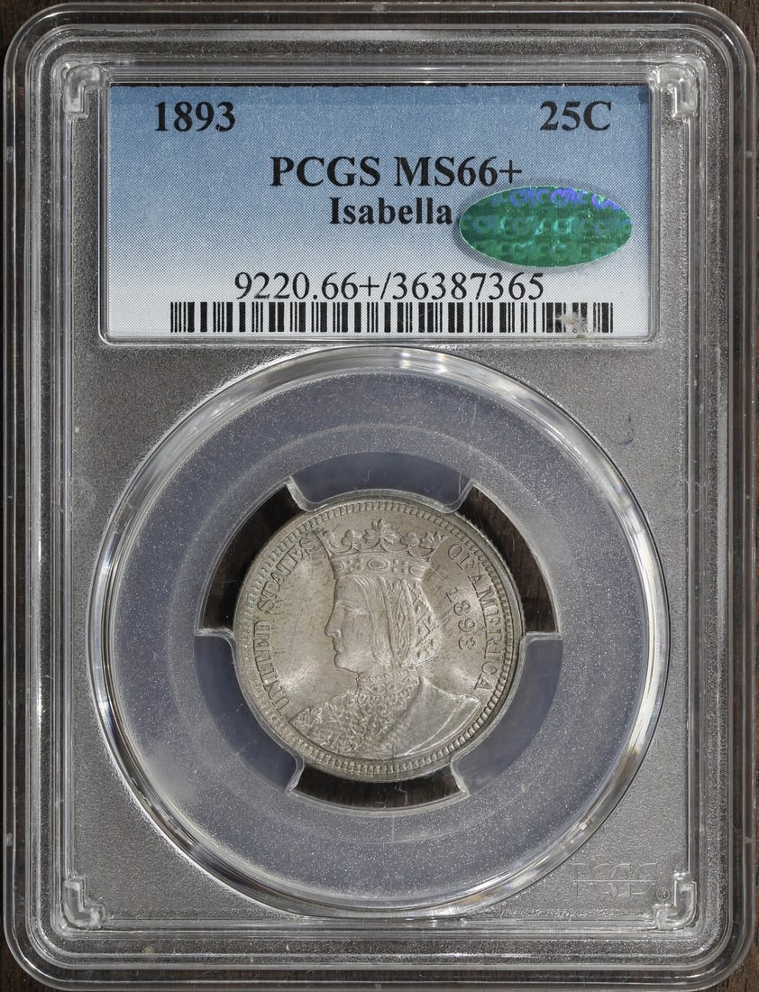 1893 Isabella Commemorative Silver Quarter MS66 Plus CAC PCGS Certified: 1893 Isabella Commemorative Silver Quarter MS66 Plus CAC PCGS Certified This is an 1893 Isabella Quarter, a commemorative 25-cent coin from the United States. Certified by PCGS and graded MS66+ with C
