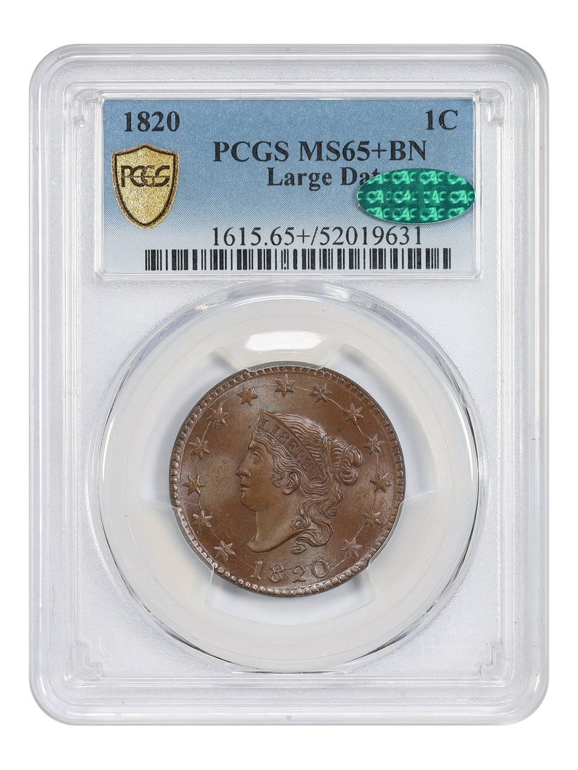PCGS CAC MS65+BN 1820 Coronet Head Large Date One Cent Coin: PCGS CAC MS65+BN 1820 Coronet Head Large Date One Cent Coin This 1820 Coronet Head Cent is a Large Date variety, graded MS65+BN by PCGS and certified by CAC. It is an uncirculated example from the Phi