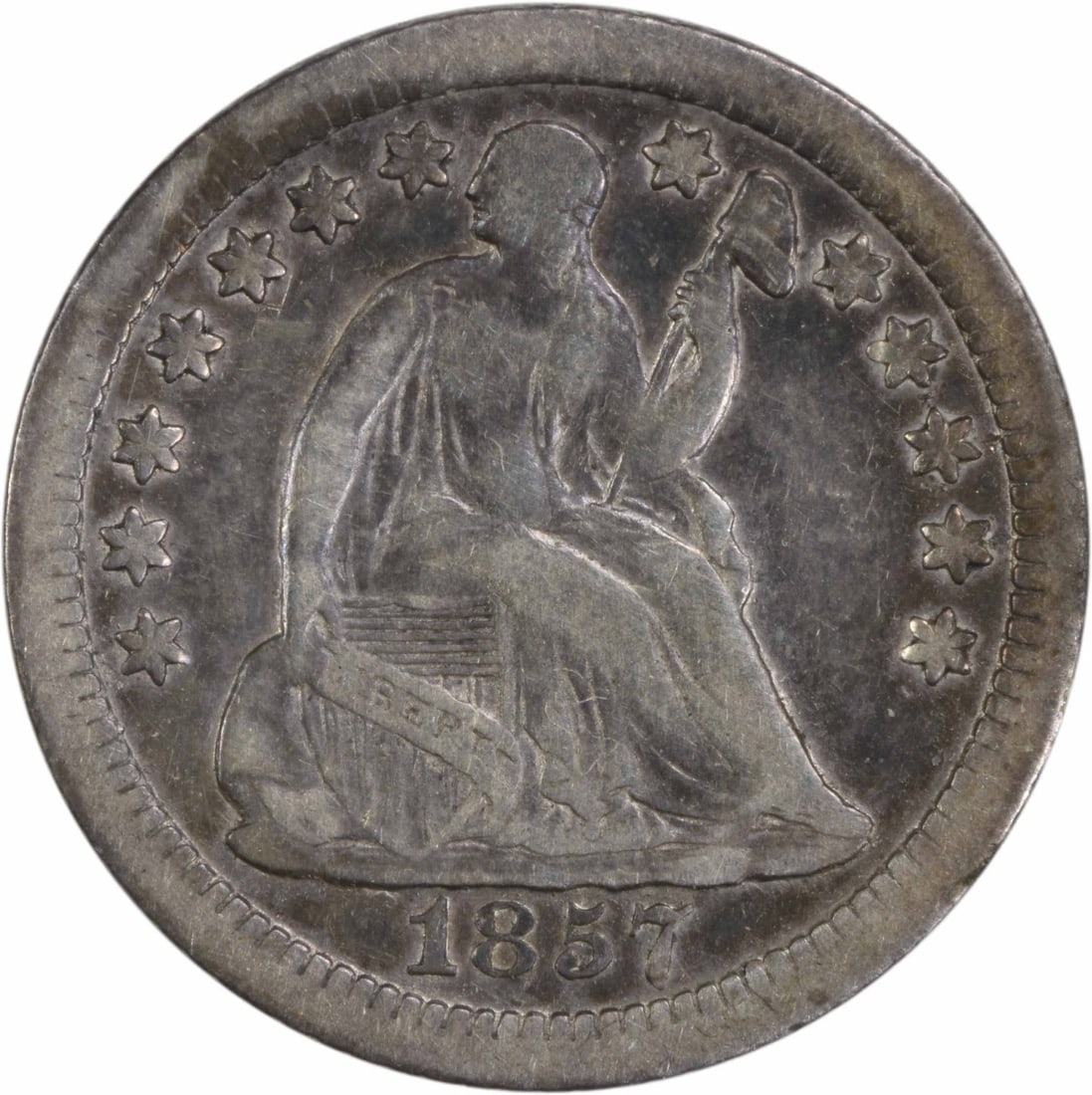 1857-O Liberty Seated Half Dime 90% Silver Uncertified Coin: 1857-O Liberty Seated Half Dime 90% Silver Uncertified Coin This 1857-O Liberty Seated Silver Half Dime is a remarkable piece of American coinage. Struck in New Orleans, this coin features a design by