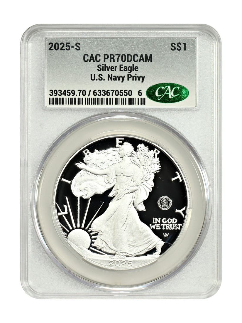 2025 $1 Silver Eagle Navy Privy CACG PR70DCAM Proof Coin: 2025 $1 Silver Eagle Navy Privy CACG PR70DCAM Proof Coin This 2025 $1 Silver Eagle is a modern bullion coin struck by the US Mint, featuring the U.S. Navy Privy Mark on the right obverse field. Minted