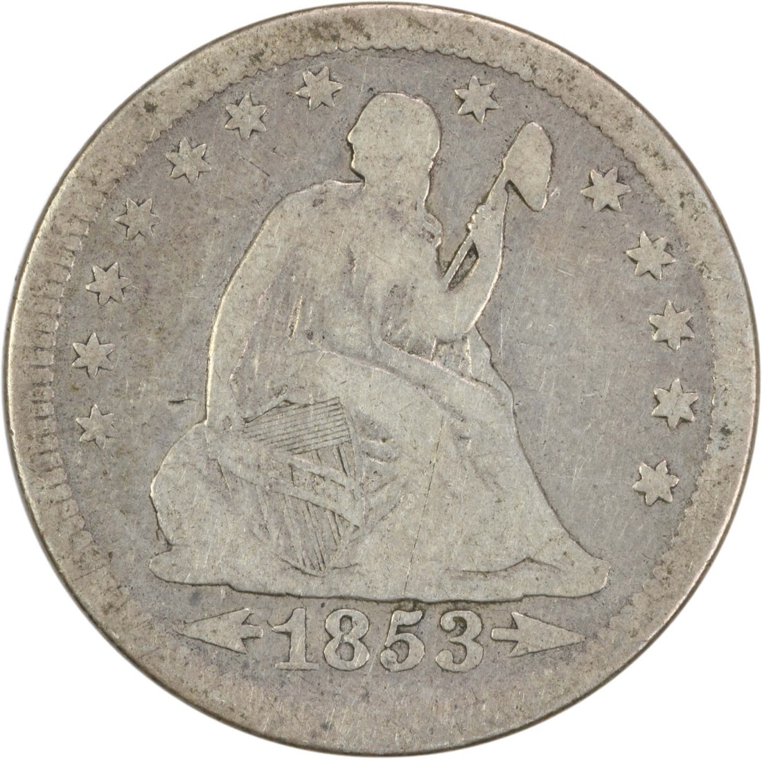 1853 Liberty Seated Quarter Arrows Rays 90% Silver Uncertified: 1853 Liberty Seated Quarter Arrows Rays 90% Silver Uncertified This 1853 Liberty Seated Quarter features Arrows and Rays, showcasing the artistry of renowned designers Robert Ball Hughes and Christian