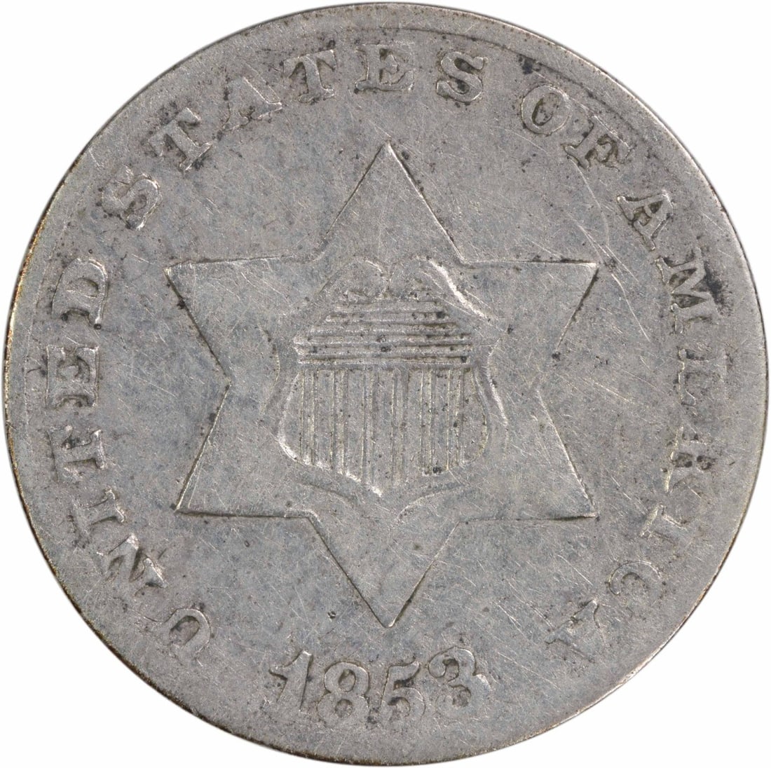 1853 Three Cent Silver Coin Uncertified VF Philadelphia Mint (1 of 2)