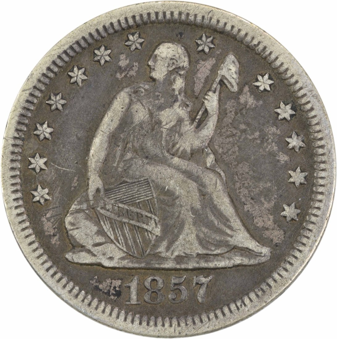 1857 Liberty Seated Silver Quarter 25C Uncertified VF Philadelphia: 1857 Liberty Seated Silver Quarter 25C Uncertified VF Philadelphia This 1857 Liberty Seated Silver Quarter is a remarkable piece of numismatic history. Struck in Philadelphia, it features a classic de