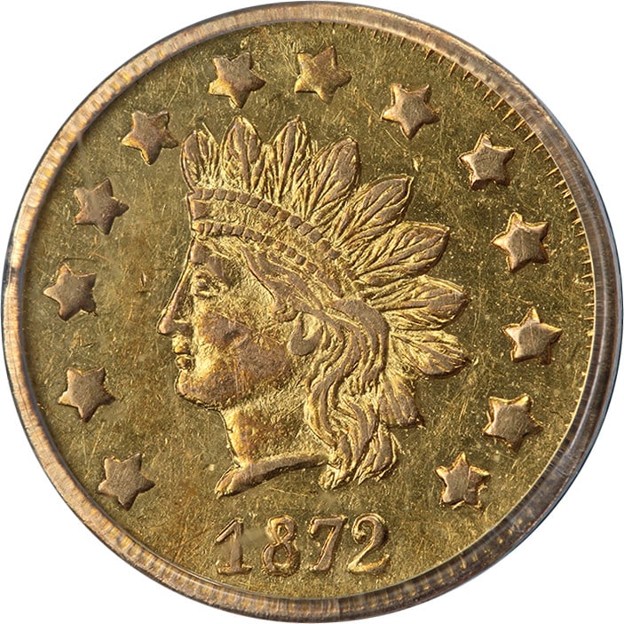 PCGS AU53 OGH 1872 BG-1207 California Gold Dollar Coin: PCGS AU53 OGH 1872 BG-1207 California Gold Dollar Coin This 1872 California Gold $1 BG-1207 coin is certified by PCGS with a grade of AU53. Featuring a composition of gold with a fineness of 0.9, this