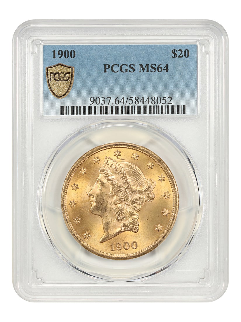 1900 Liberty Head $20 Gold Coin PCGS MS64 Philadelphia: 1900 Liberty Head $20 Gold Coin PCGS MS64 Philadelphia This 1900 Liberty Head $20 gold coin is a PCGS-certified MS64 example, featuring canary-yellow gold surfaces with intense luster. Struck in Phila
