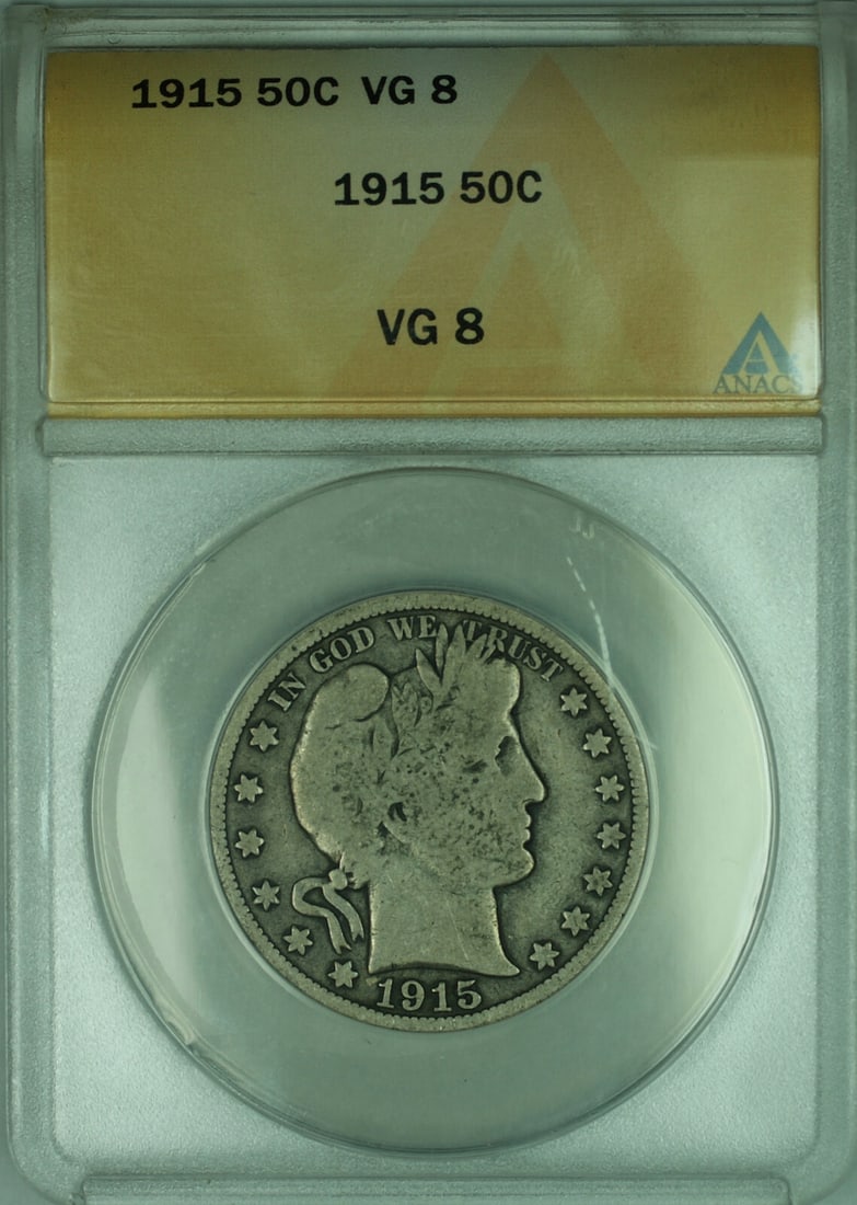 1915 Barber 50 Cent Silver Coin ANACS Graded VG-8: 1915 Barber 50 Cent Silver Coin ANACS Graded VG-8 This is a circulated 1915 Barber Silver Half Dollar coin, graded VG-8 (Very Good) by ANACS. The coin was minted in Philadelphia, has a denomination of
