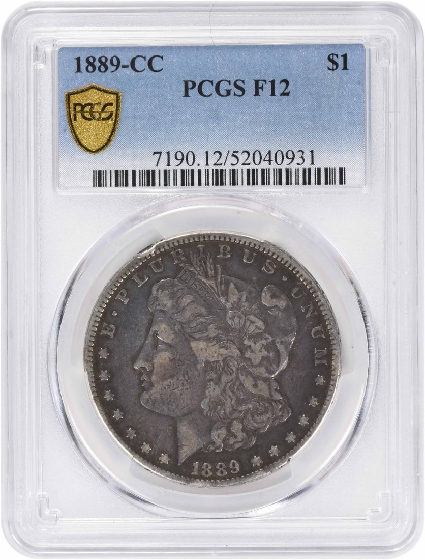 PCGS F12 Carson City 1889 Morgan Dollar 90 Percent Silver: PCGS F12 Carson City 1889 Morgan Dollar 90 Percent Silver This 1889-CC Morgan Silver Dollar is graded F12 by PCGS and features a composition of 90% silver and 10% copper. Minted at the Carson City Min