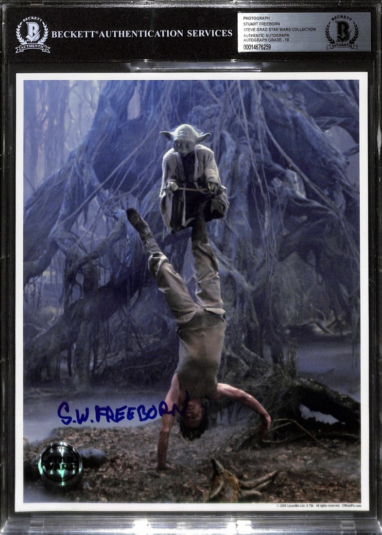 8x10 Star Wars Photograph Signed by Stuart Freeborn Yoda Designer Beckett 10: 8x10 Star Wars Photograph Signed by Stuart Freeborn Yoda Designer Beckett 10 This is an original 8x10 photograph from Official Pix, featuring Yoda and signed by Stuart Freeborn, the renowned make-up d
