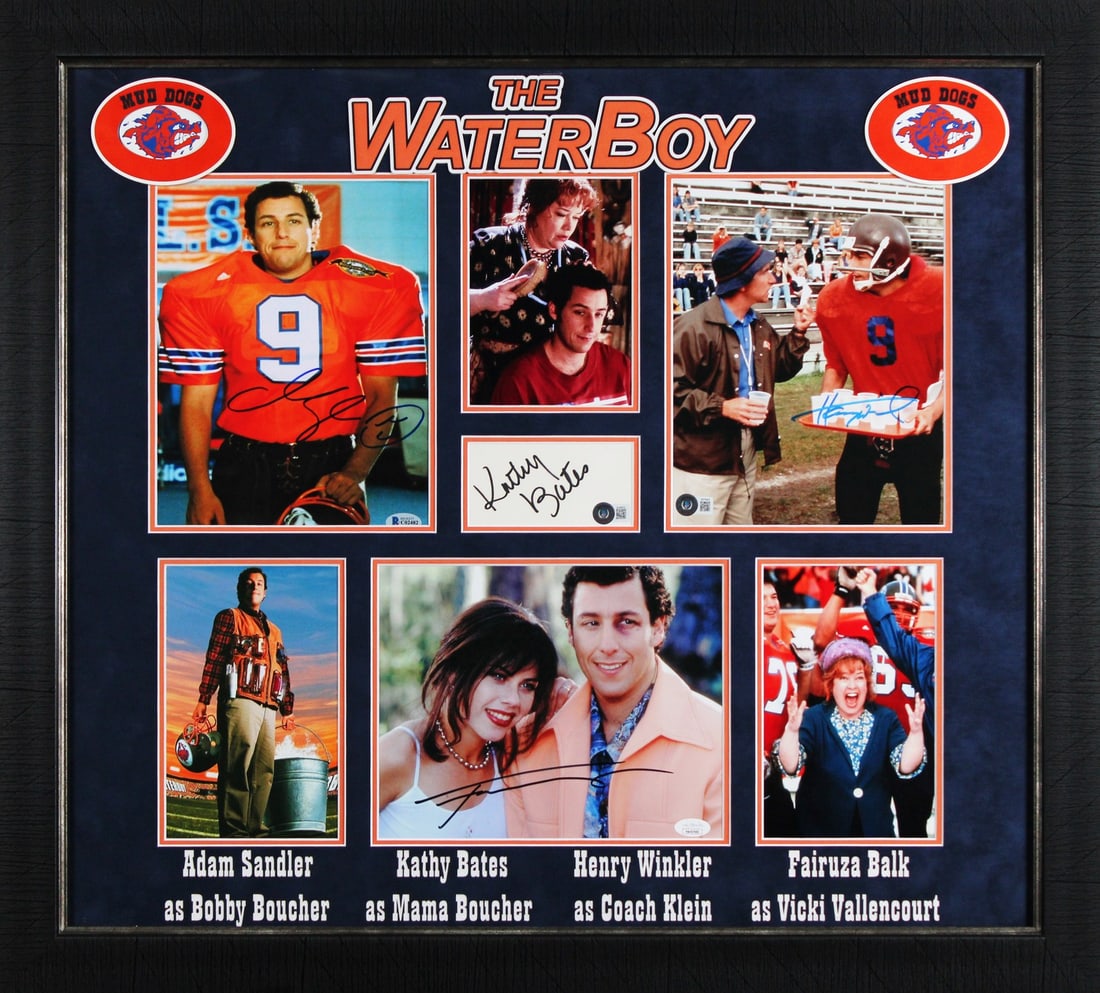 Framed The Waterboy Display Signed by Sandler Winkler Bates Balk Beckett LOA: Framed The Waterboy Display Signed by Sandler Winkler Bates Balk Beckett LOA This professionally framed display features an original photograph signed by Adam Sandler, Henry Winkler, Kathy Bates, and