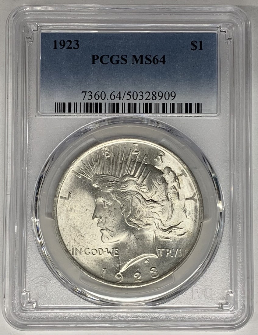 Set of 10 1923 Peace Dollar Silver Coins PCGS MS64 Certified: Set of 10 1923 Peace Dollar Silver Coins PCGS MS64 Certified This is a 1923 Peace Silver Dollar coin from the United States, featuring a silver composition and a denomination of $1. The coin is certif