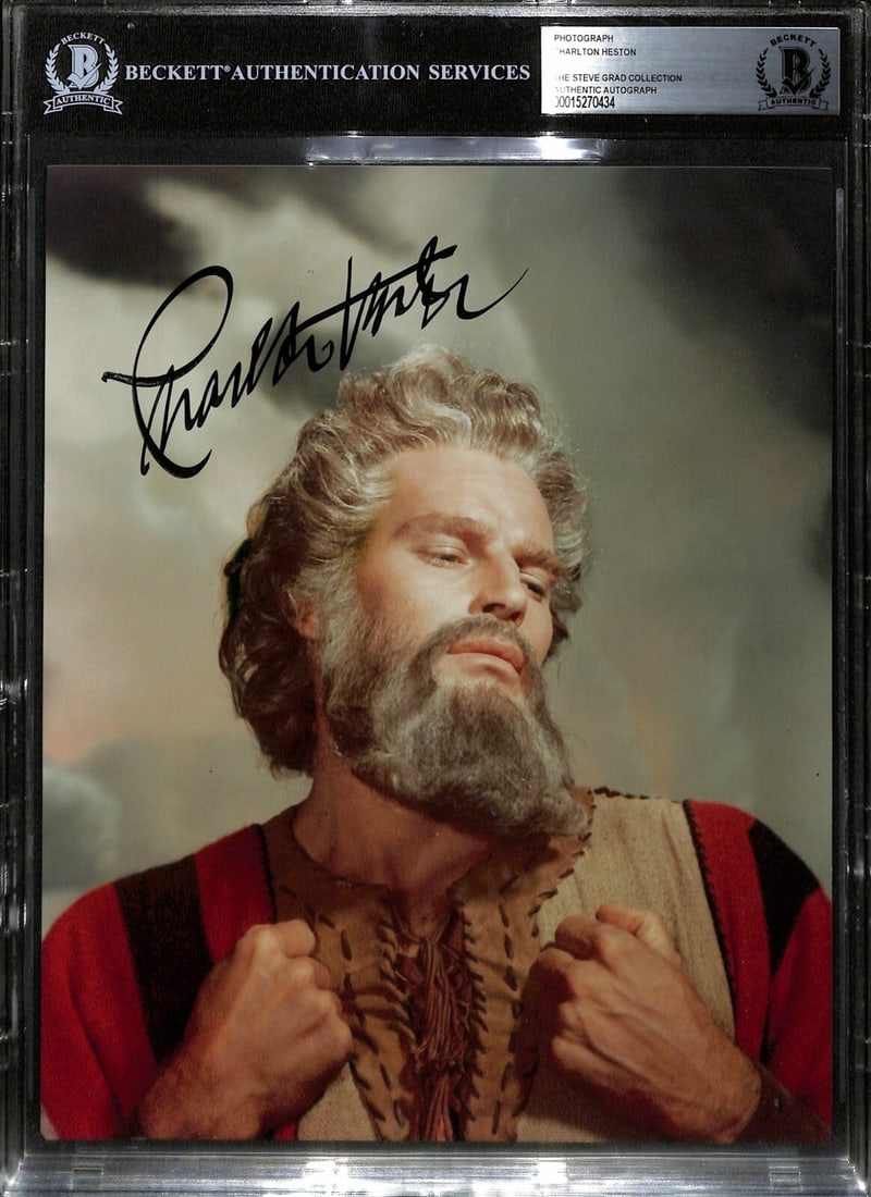Charlton Heston Signed 8x10 Photo The Ten Commandments Beckett Authenticated: Charlton Heston Signed 8x10 Photo The Ten Commandments Beckett Authenticated This is an autographed 8x10 color photograph of Charlton Heston, known for his iconic role as Moses in the classic film The