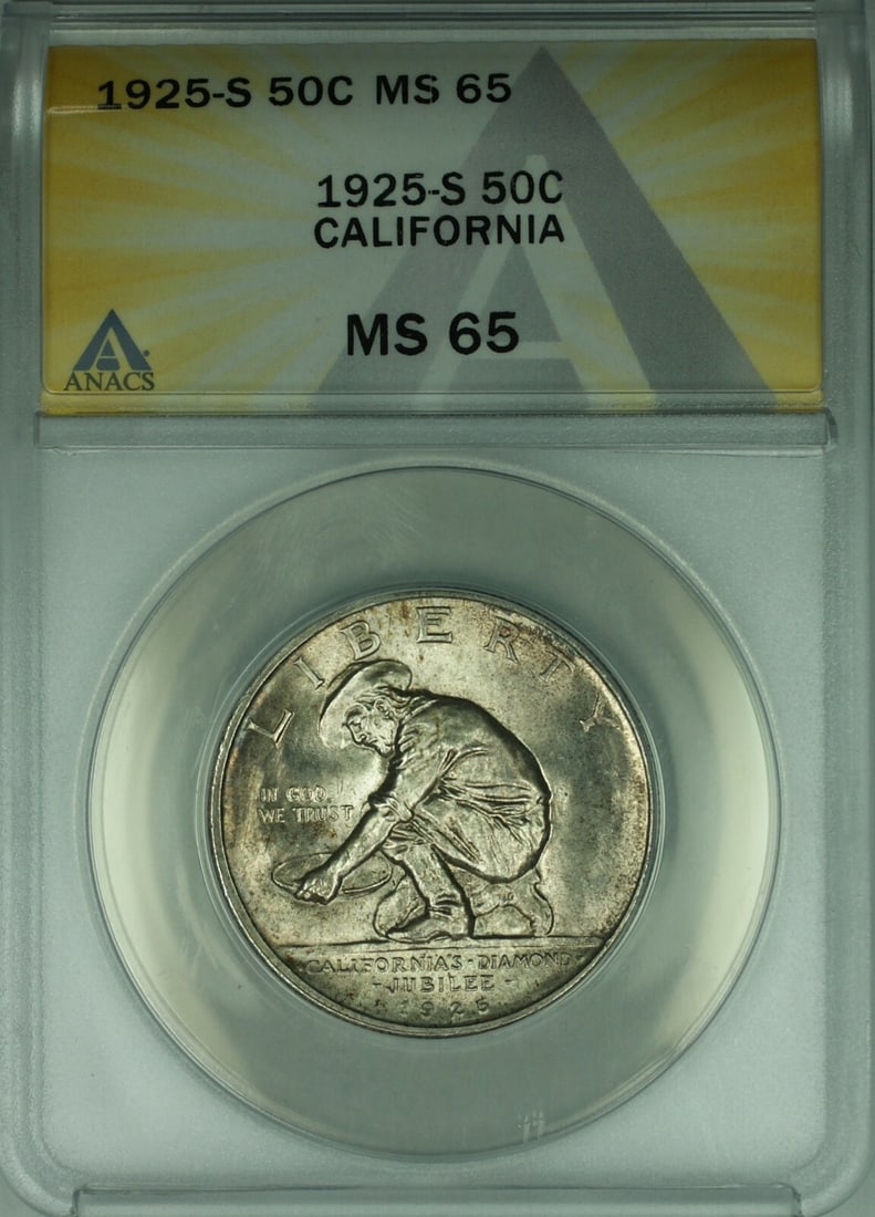 ANACS MS 65 1925-S Silver California Commemorative Half Dollar: ANACS MS 65 1925-S Silver California Commemorative Half Dollar This is a 1925-S California Commemorative Silver Half Dollar, minted in San Francisco. The coin is certified by ANACS with a grade of MS