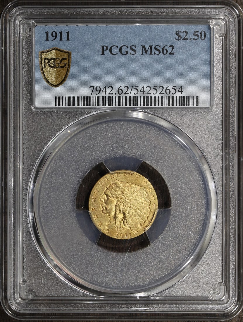 1911 PCGS MS62 Indian Head $2.50 Gold Coin Uncirculated (1 of 3)