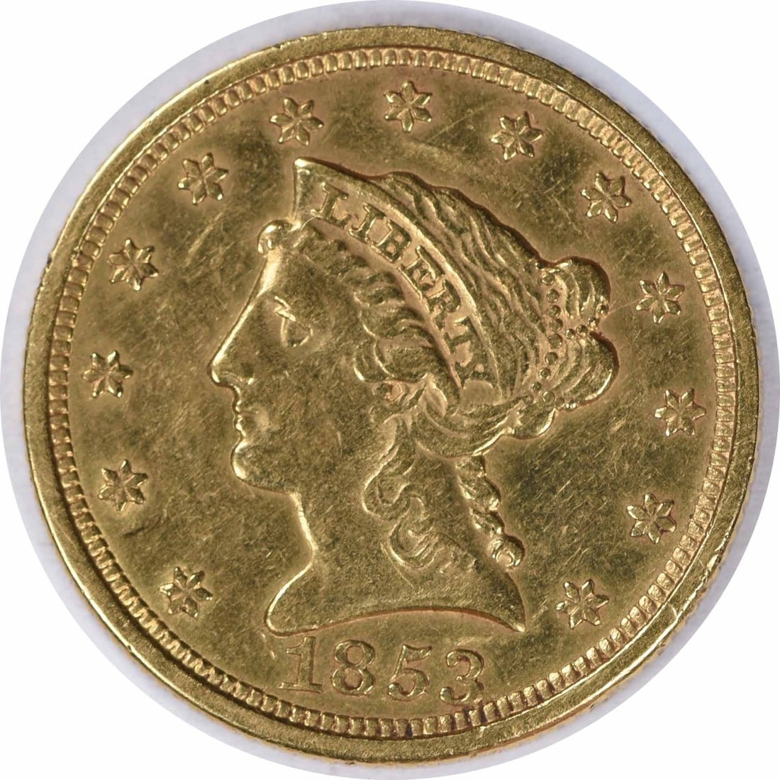 1853 $2.50 Gold Liberty Head Coin AU Uncertified Philadelphia: 1853 $2.50 Gold Liberty Head Coin AU Uncertified Philadelphia This 1853 $2.50 Gold Liberty Head coin features a classic design by Christian Gobrecht, showcasing the iconic Liberty Head. It is classifi