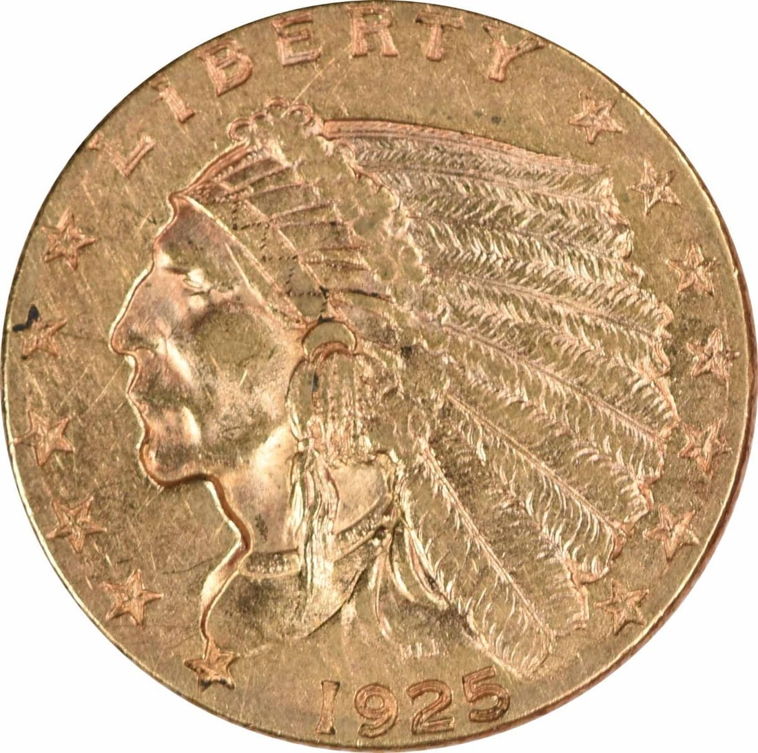 1925-D $2.50 Gold Indian Coin AU by Bela Lyon Pratt: 1925-D $2.50 Gold Indian Coin AU by Bela Lyon Pratt This 1925-D $2.50 Gold Indian coin, designed by Bela Lyon Pratt, showcases a beautiful representation of American numismatic history. With a composi