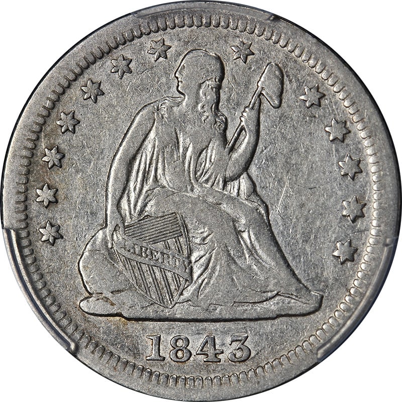 1843-O Seated Liberty Quarter PCGS VF30 Silver Coin Great Eye Appeal: 1843-O Seated Liberty Quarter PCGS VF30 Silver Coin Great Eye Appeal This 1843-O Seated Liberty Quarter, certified by PCGS with a grade of VF30, exhibits great eye appeal and a nice strike. Struck in