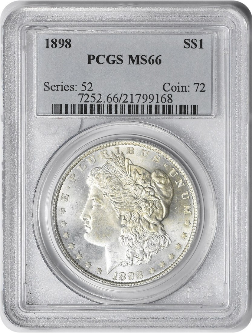 1898 Morgan Silver Dollar MS66 PCGS Uncirculated 90% Silver: 1898 Morgan Silver Dollar MS66 PCGS Uncirculated 90% Silver This 1898 Morgan Silver Dollar is a stunning example of numismatic craftsmanship, graded MS66 by PCGS, ensuring its high quality and appeal