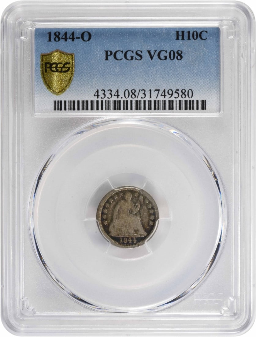 1844-O Liberty Seated Half Dime Silver Coin PCGS VG08: 1844-O Liberty Seated Half Dime Silver Coin PCGS VG08 This 1844-O Liberty Seated Silver Half Dime is a remarkable piece for any coin collector. With a grade of VG08 from PCGS, this circulated half dim