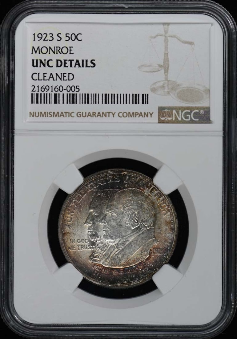 1923 San Francisco Monroe Silver Commemorative Half Dollar NGC UNC Details: 1923 San Francisco Monroe Silver Commemorative Half Dollar NGC UNC Details This is a 1923 Monroe silver commemorative 50-cent coin minted in San Francisco. The coin is certified by NGC with an uncircu