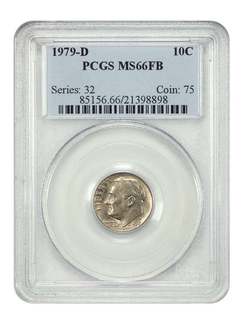 PCGS MS66FB 1979 Denver Roosevelt Dime 10C Certified Coin: PCGS MS66FB 1979 Denver Roosevelt Dime 10C Certified Coin This 1979-D Roosevelt Dime is certified by PCGS with a grade of MS66FB. The coin features lustrous surfaces and is well-struck, with mottled t