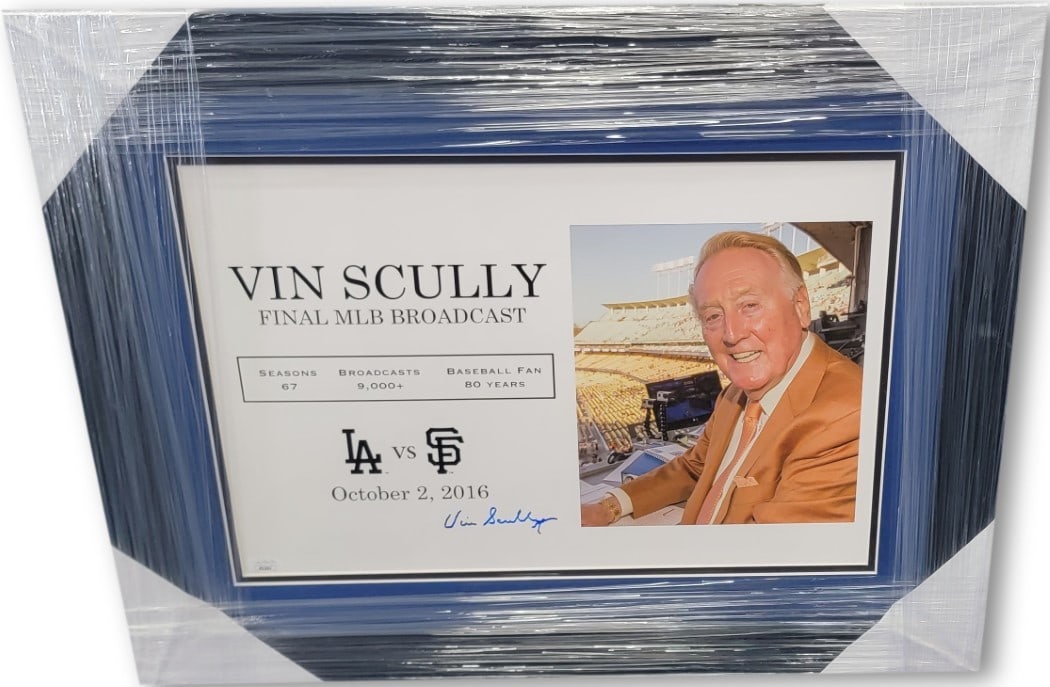 Vin Scully Autographed Photo 10 x 15 Final MLB Broadcast JSA Authenticated: Vin Scully Autographed Photo 10 x 15 Final MLB Broadcast JSA Authenticated Commemorate the legendary voice of baseball with this framed autographed photo of Vin Scully, celebrating his final MLB broad