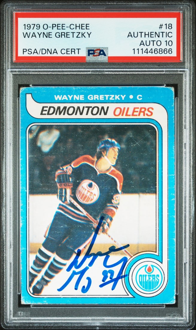 Wayne Gretzky Autographed 1979 O-Pee-Chee Rookie Card PSA 10 Edmonton Oilers: Wayne Gretzky Autographed 1979 O-Pee-Chee Rookie Card PSA 10 Edmonton Oilers This is a remarkable 1979 O-Pee-Chee #18 Rookie Card featuring Wayne Gretzky, personally signed by the legendary player him