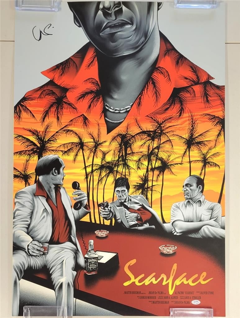 Scarface 24x36 Poster Signed by Al Pacino Numbered Edition Lithograph: Scarface 24x36 Poster Signed by Al Pacino Numbered Edition Lithograph This original 24x36 inch Scarface poster features the signature of Al Pacino. The lithograph print is by Benedict Woodhead in coll