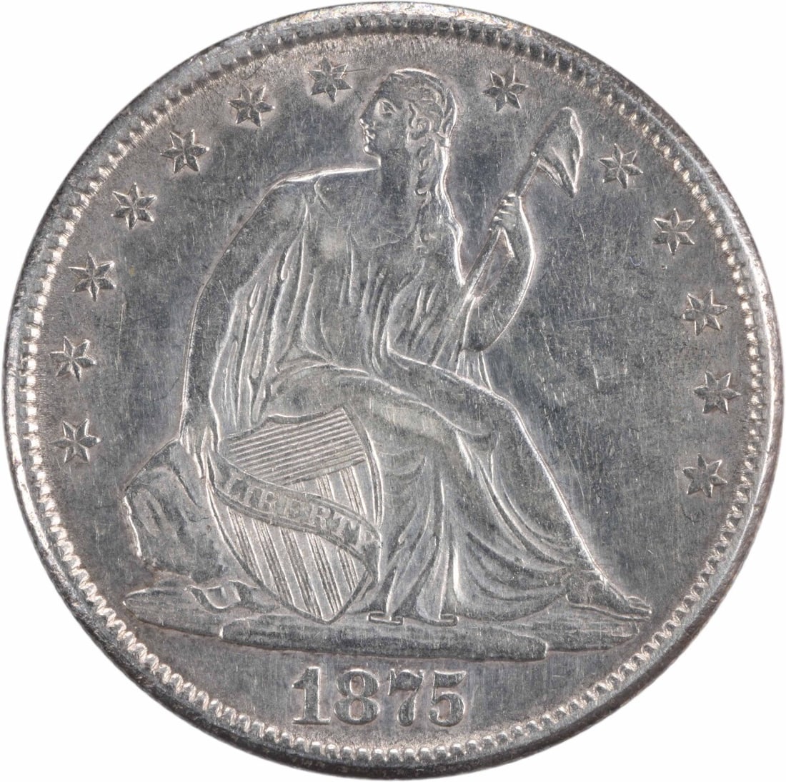 1875-CC Liberty Seated Half Dollar AU 90% Silver Coin: 1875-CC Liberty Seated Half Dollar AU 90% Silver Coin This 1875-CC Liberty Seated Half Dollar features a beautiful design by renowned engravers Thomas Sully and Christian Gobrecht. As an AU (Almost Un
